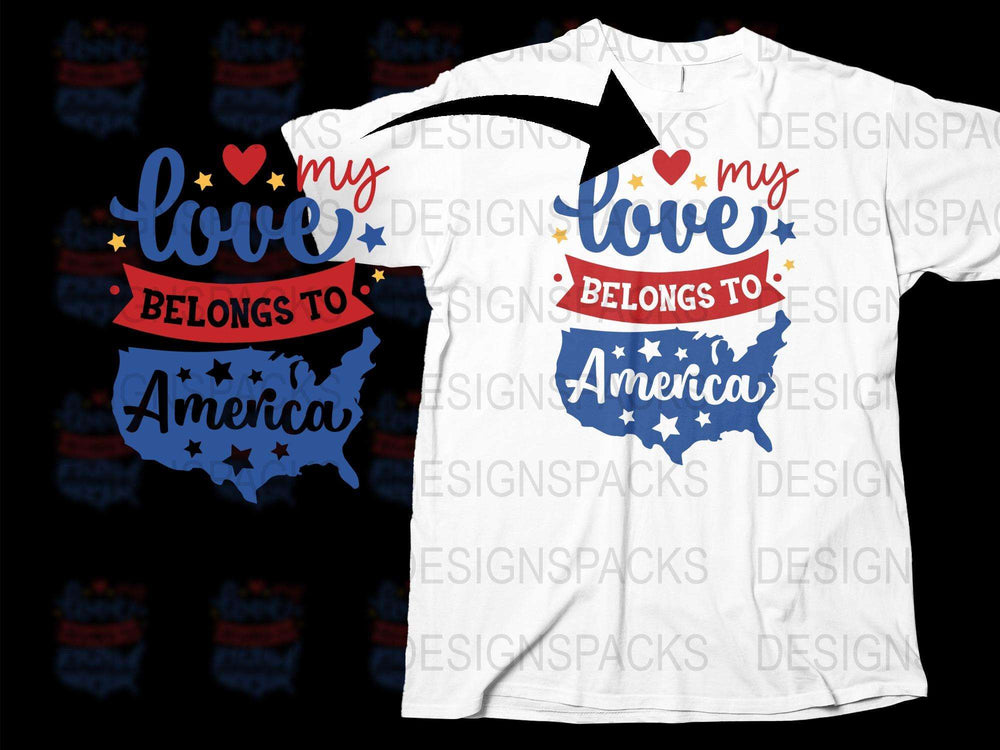 Patriotic T-Shirt 'My Love Belongs to America' USA Map, Red White Blue Stars, Unisex Adult Sizes