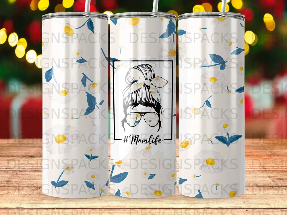 Tumbler with #Momlife graphic featuring a messy bun and glasses.