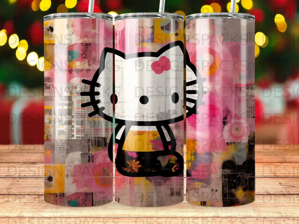 Pink and yellow Hello Kitty tumbler with repeating logo pattern.