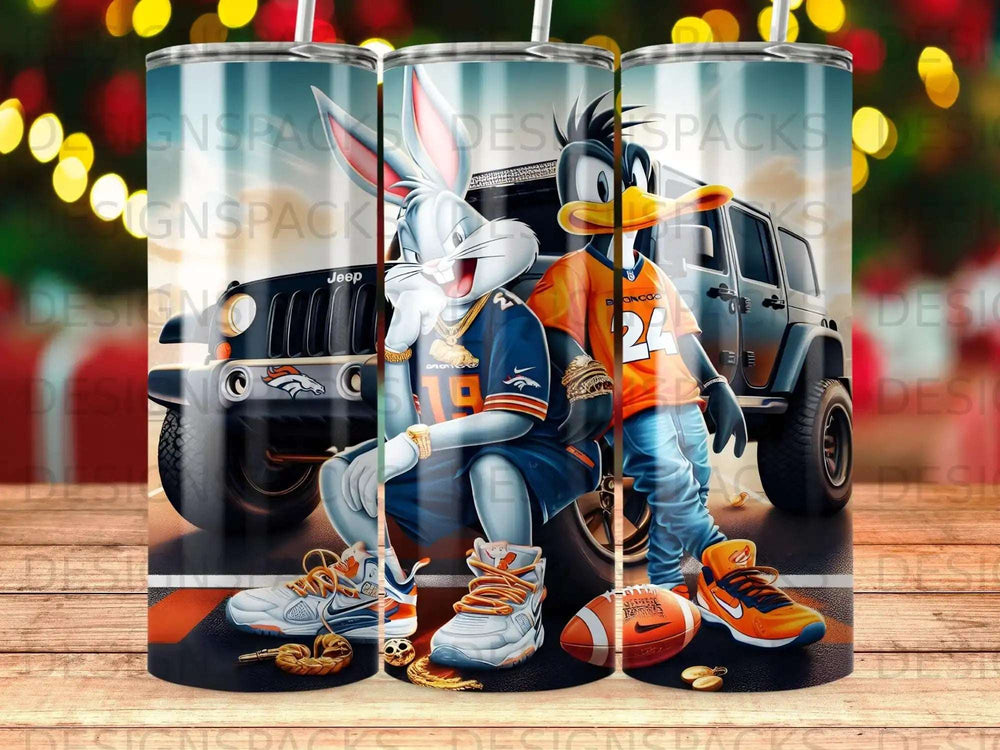 Bugs Bunny and Daffy Duck with Denver Broncos gear and Jeep.
