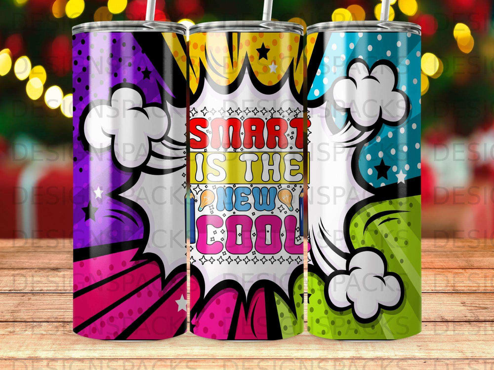 Three comic-style tumblers with bold colors and pop art text.
