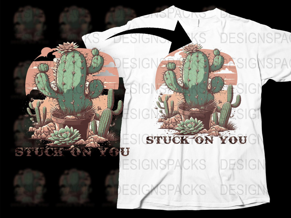 Stuck on You Cactus Graphic T-Shirt, Desert Plant Lover Tee, Vintage Sunset Style, Unisex Casual Wear