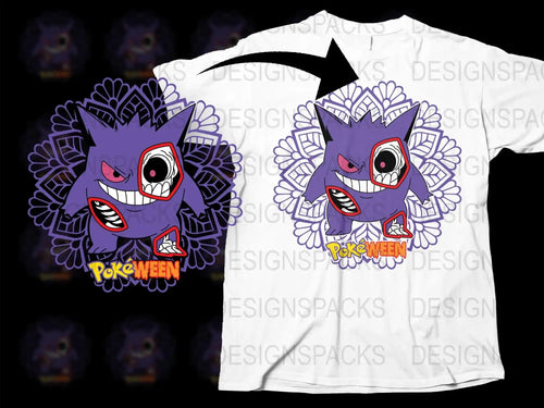 Pokéween Gengar Inspired Halloween T-Shirt, Spooky Purple Monster Graphic Tee, Unisex Adult and Kids Sizes Available