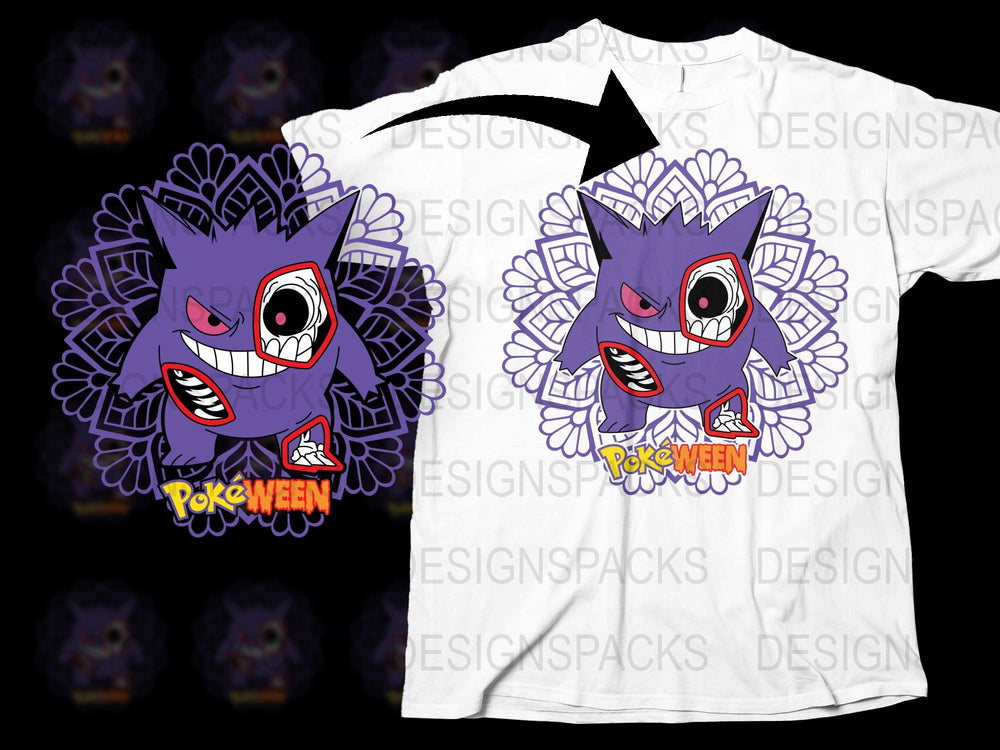 Pokéween Gengar Inspired Halloween T-Shirt, Spooky Purple Monster Graphic Tee, Unisex Adult and Kids Sizes Available