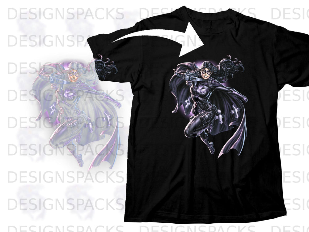 Black t-shirt featuring a woman in a dark costume holding a crossbow.