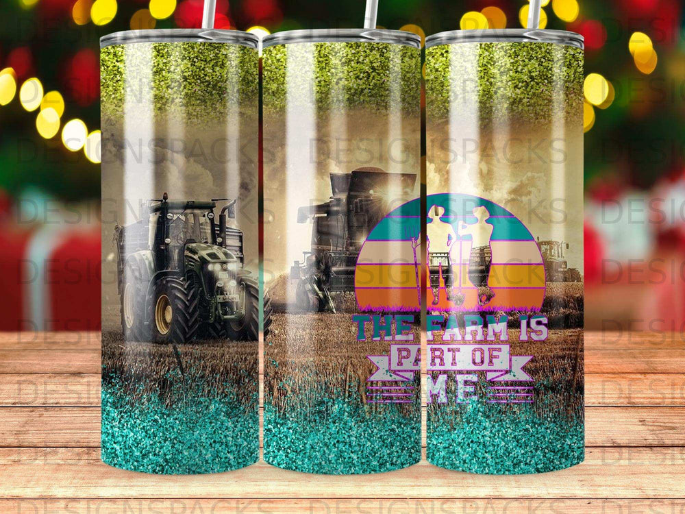 Tractor and combine harvesting a field with glitter overlay and text "The farm is part of me".