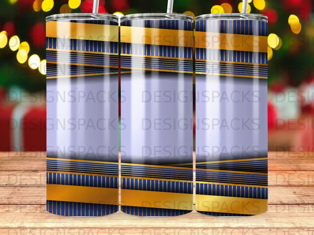 Blue and gold striped tumbler with blurred festive background.