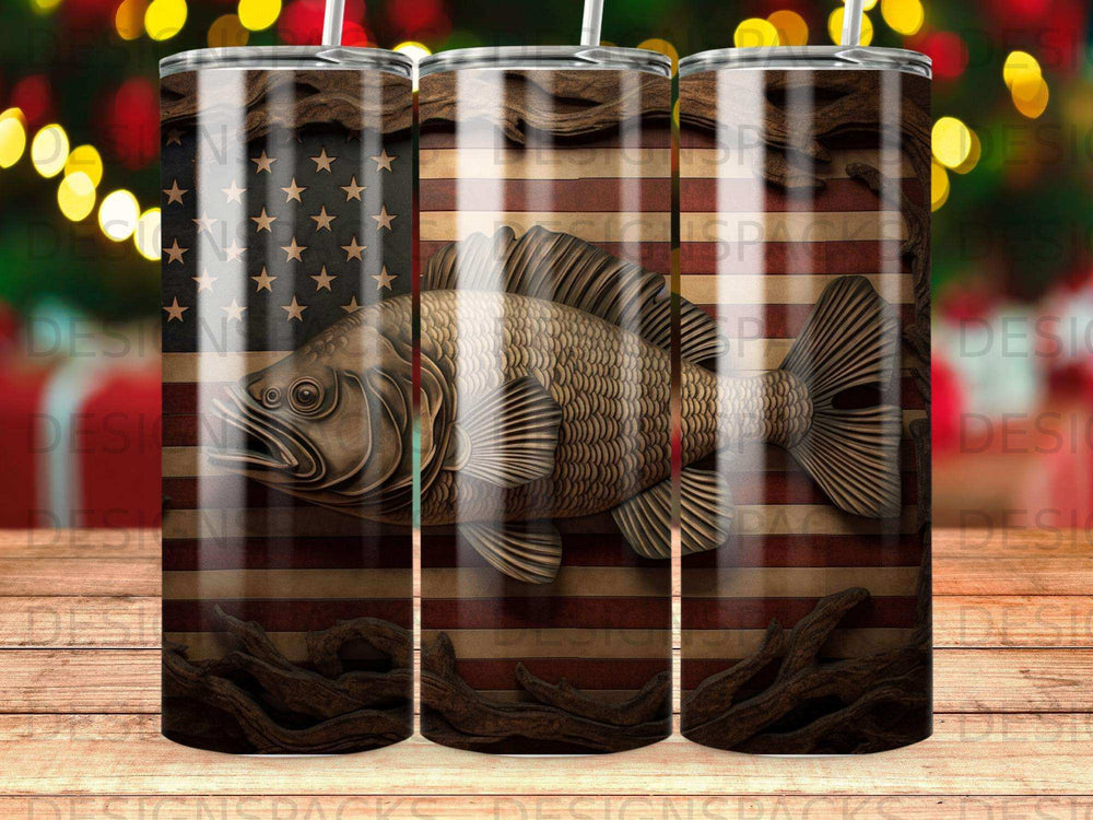 Fish and American flag design on a tumbler.