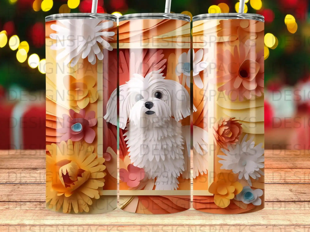 White fluffy dog in floral paper craft background on a tumbler.