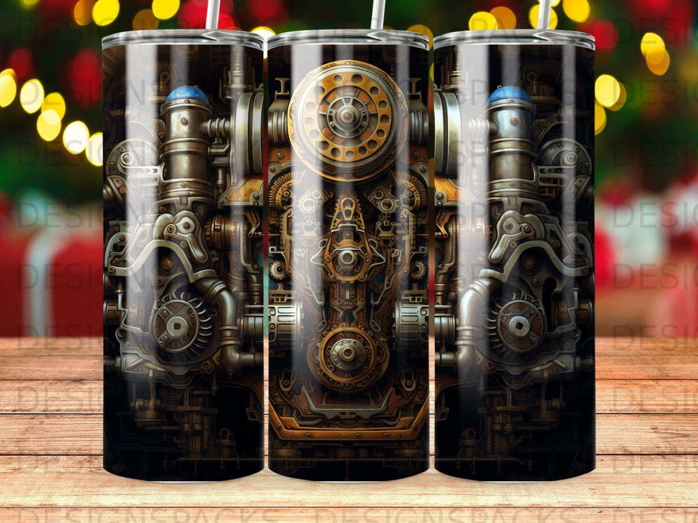 Steampunk mechanical design on a reusable tumbler with a bokeh background.
