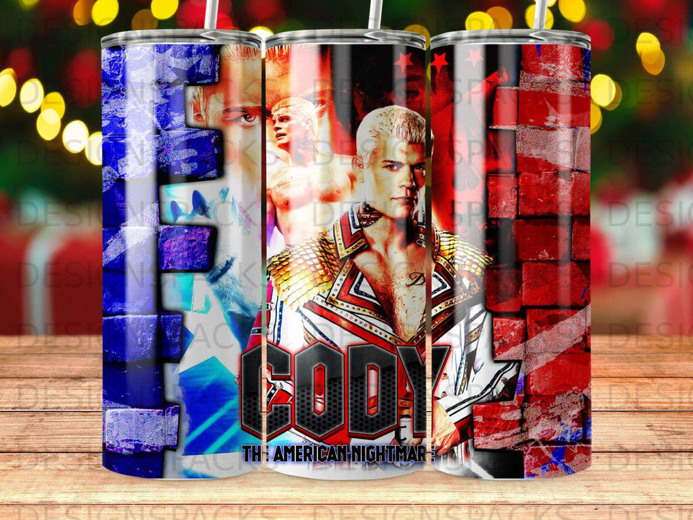 Cody Rhodes "The American Nightmare" wrestler on a tumbler with US flag design.