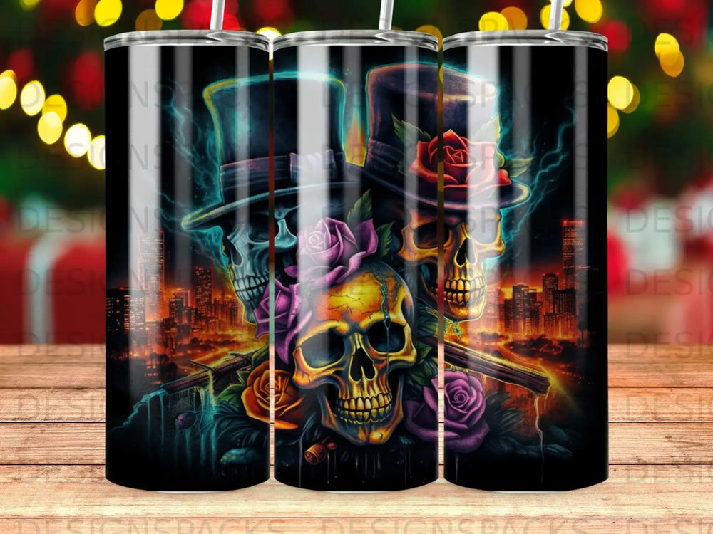 Skulls in top hats with roses and cigar, cityscape background.