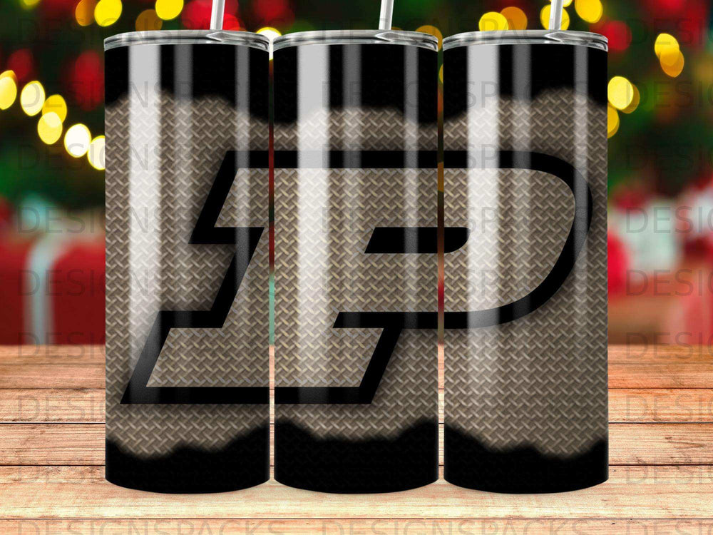 Black and silver P logo on a textured diamond plate tumbler.