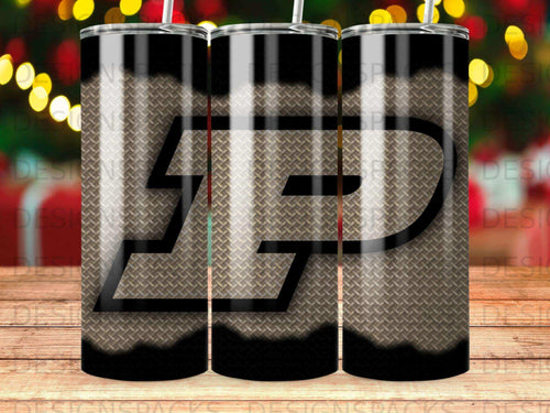 Black and silver P logo on a textured diamond plate tumbler.