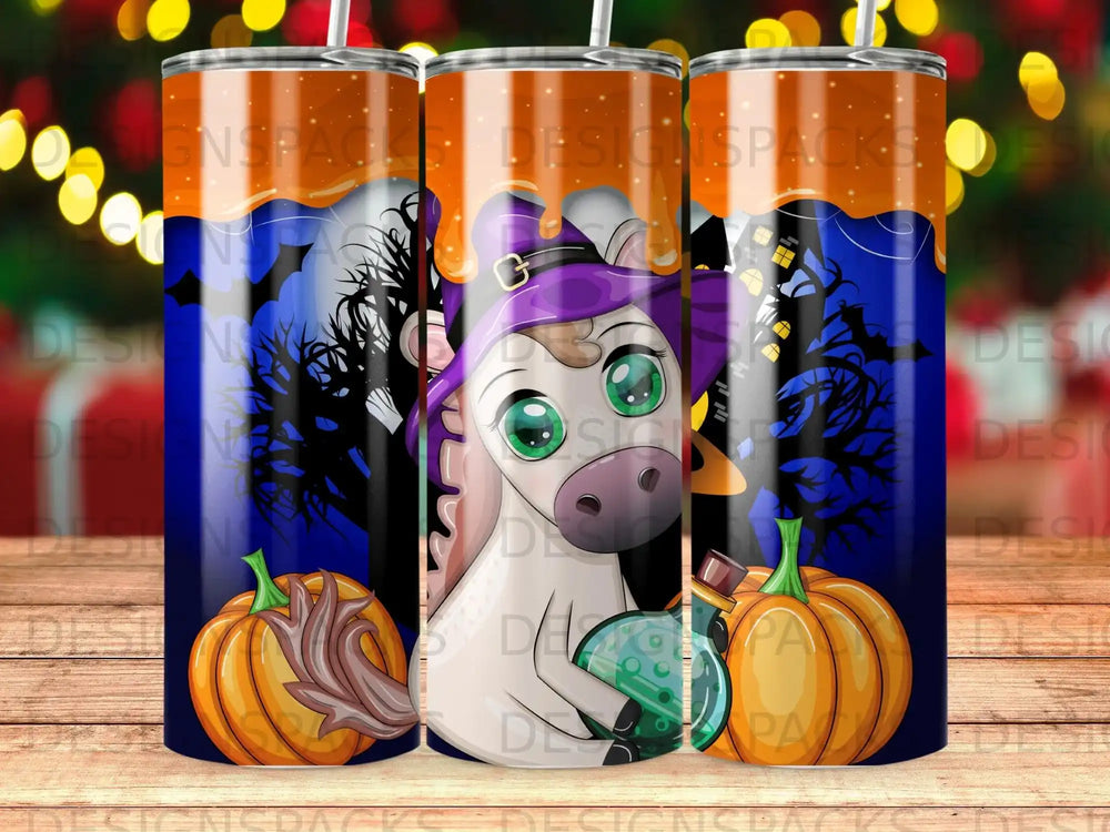 Unicorn with witch hat and potion bottle, surrounded by pumpkins and spooky trees.