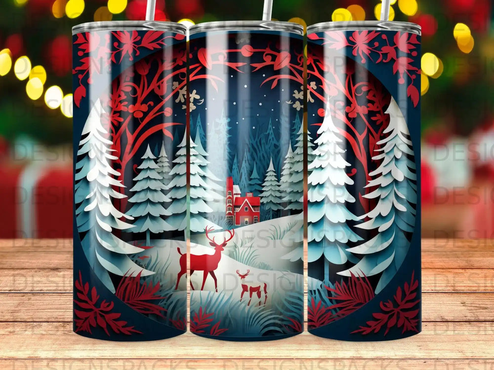 Winter scene with deer and trees, red barn in background, dark blue border.