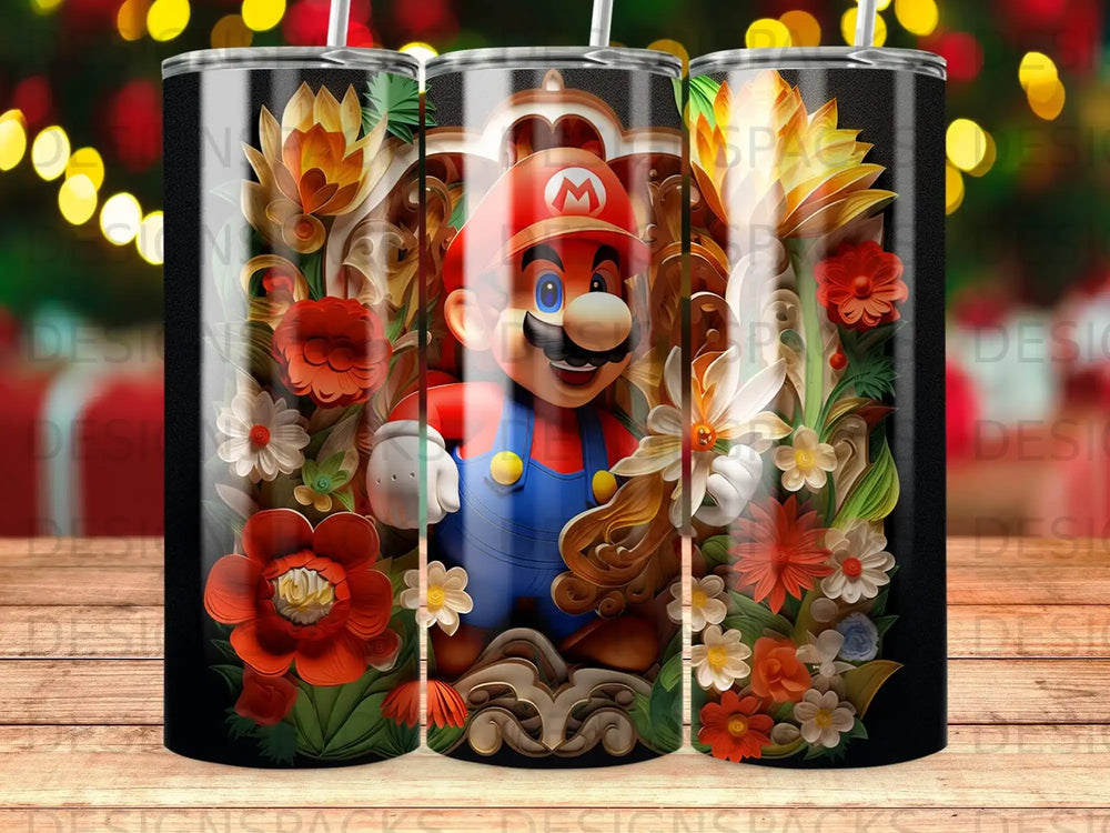 Mario surrounded by colorful flowers and ornate gold details.