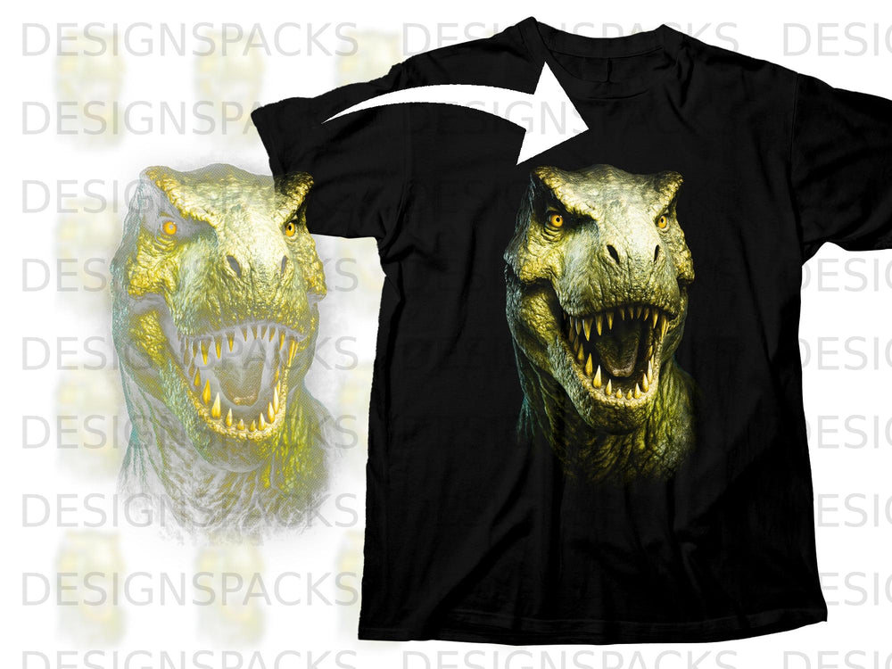 Black t-shirt with a detailed graphic of a green Tyrannosaurus Rex head.