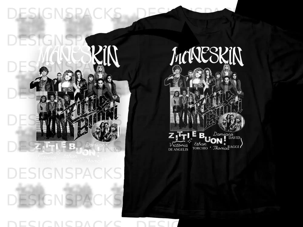 Black t-shirt with Maneskin band members and "Zitti E Buoni" text.