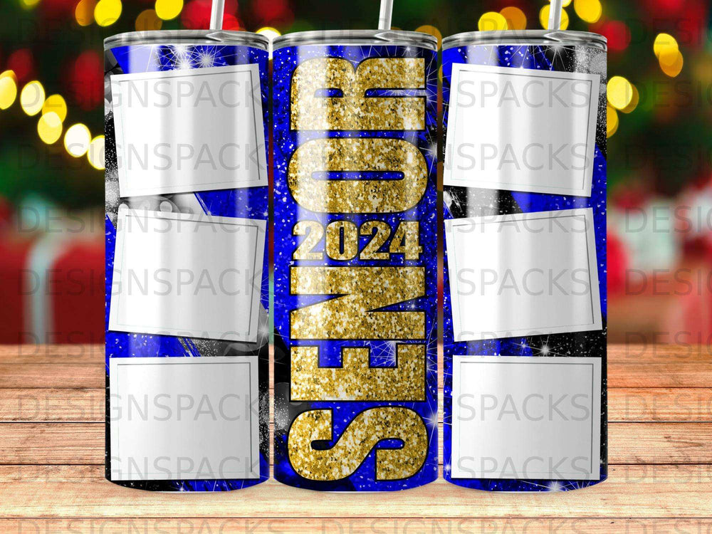 Blue tumbler with "SENIOR 2024" in gold glitter text.