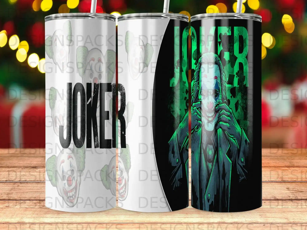 Joker tumbler with green and black design.
