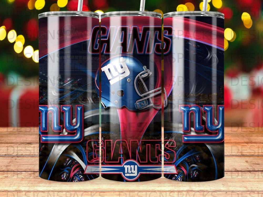 New York Giants football helmet and logo on a blue and red themed tumbler.