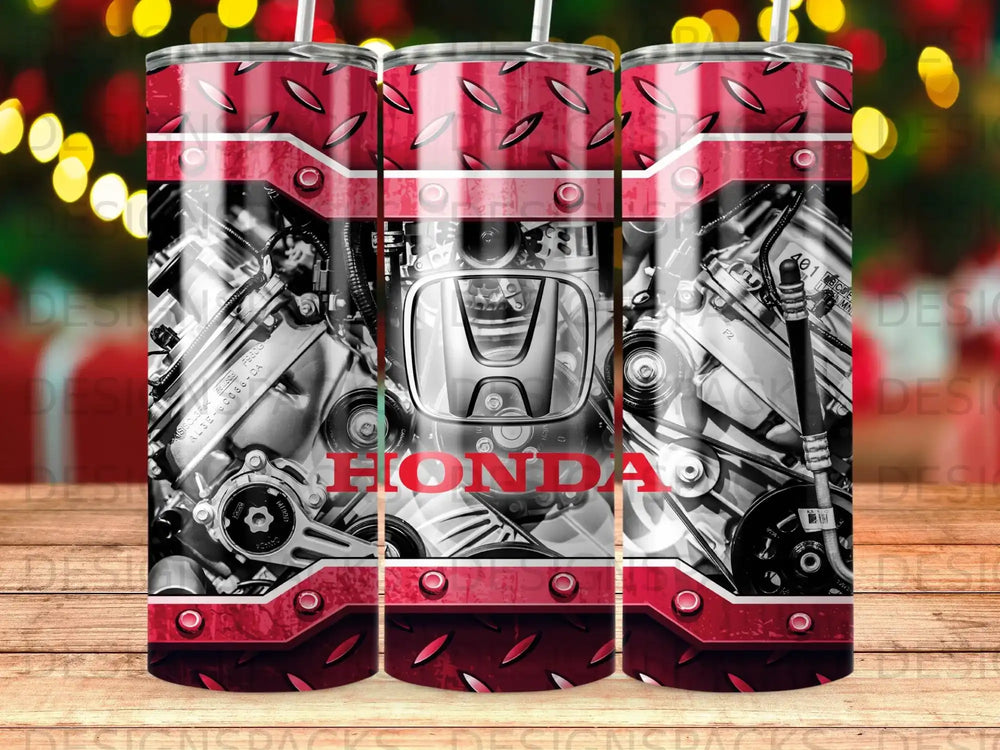 Engine block with HONDA logo on a tumbler with metallic red accents.