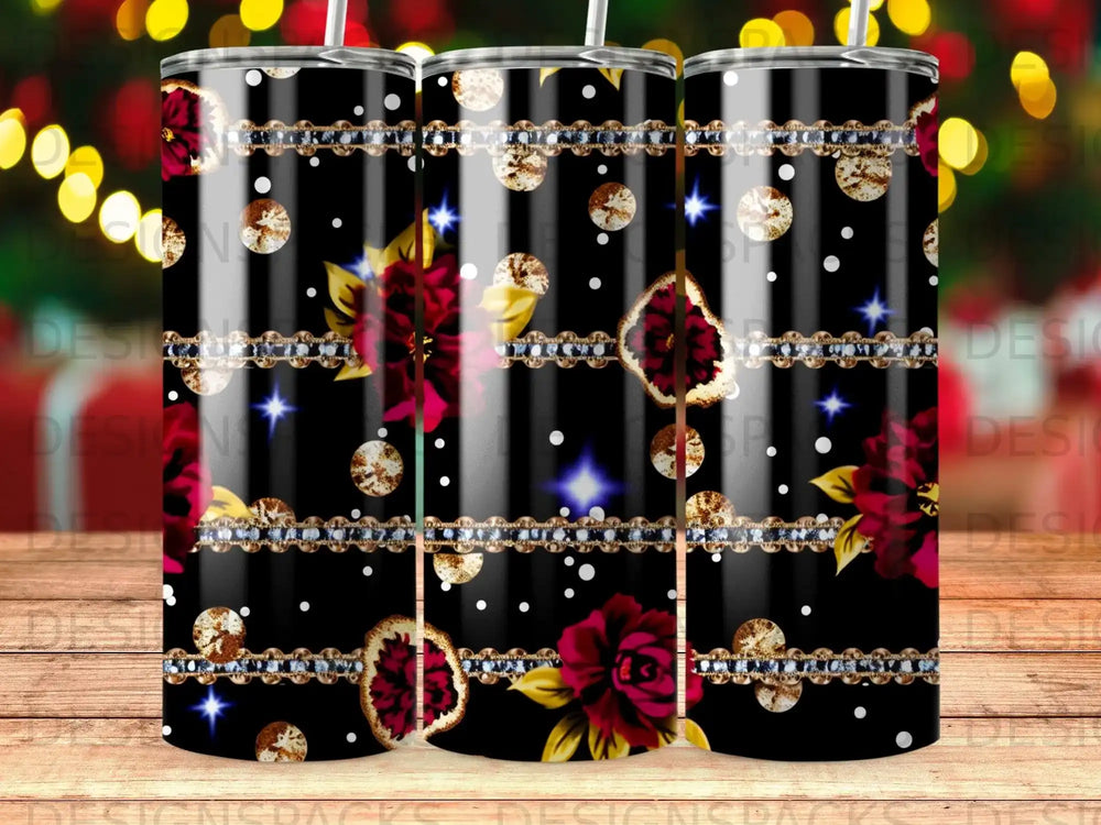 Black tumbler with red flowers, gold accents, and scattered diamonds.