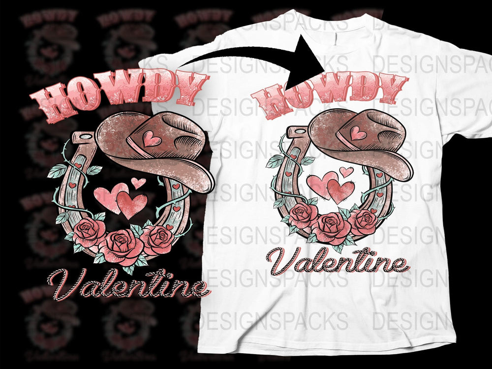 Howdy Valentine Western Cowboy Hat T-Shirt, Floral Rose Graphic Tee, Country Style Love Shirt for Couples