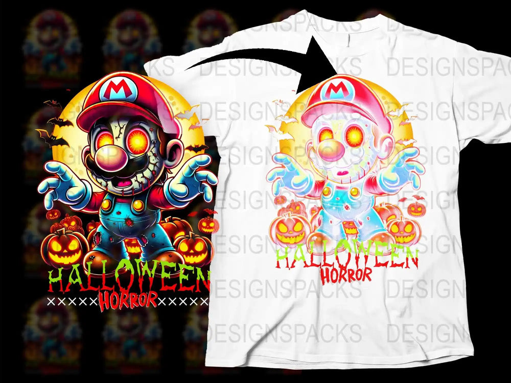 Halloween Horror T-Shirt with Creepy Clown Mario Design, Colorful Scary Graphic Tee, Unisex