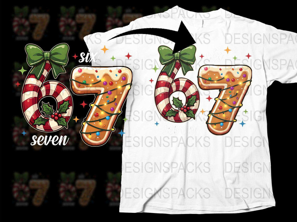Festive Christmas T-Shirt Candy Cane and Holly Number 7 Design, Colorful Holiday Apparel for Kids and Adults