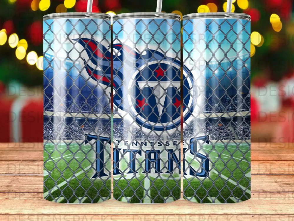 Tennessee Titans logo on a stadium background with a fence in the foreground.