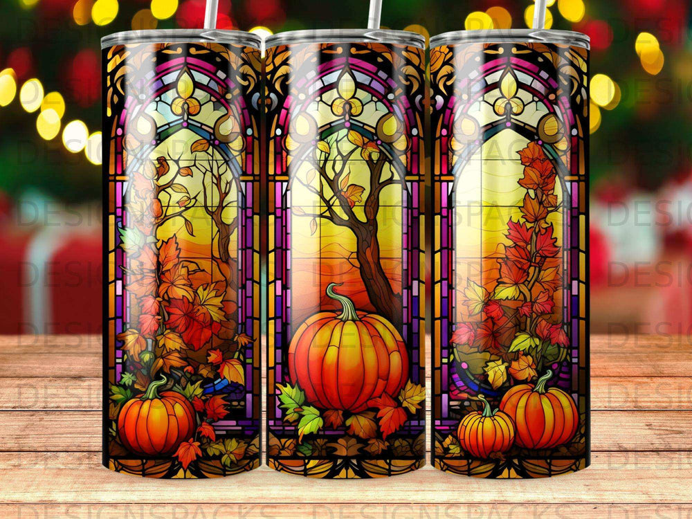 Stained glass window with pumpkins and autumn leaves.