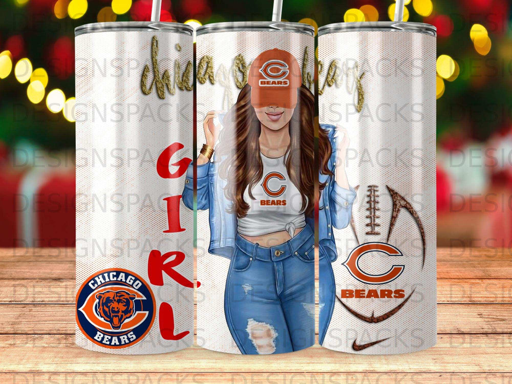 Chicago Bears tumbler with woman in baseball cap and football.