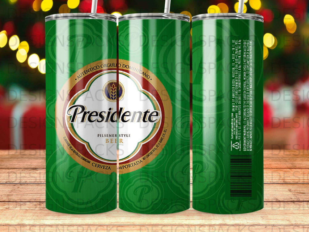 Presidente Pilsener Style Beer can, featuring Dominican Republic branding and text details.