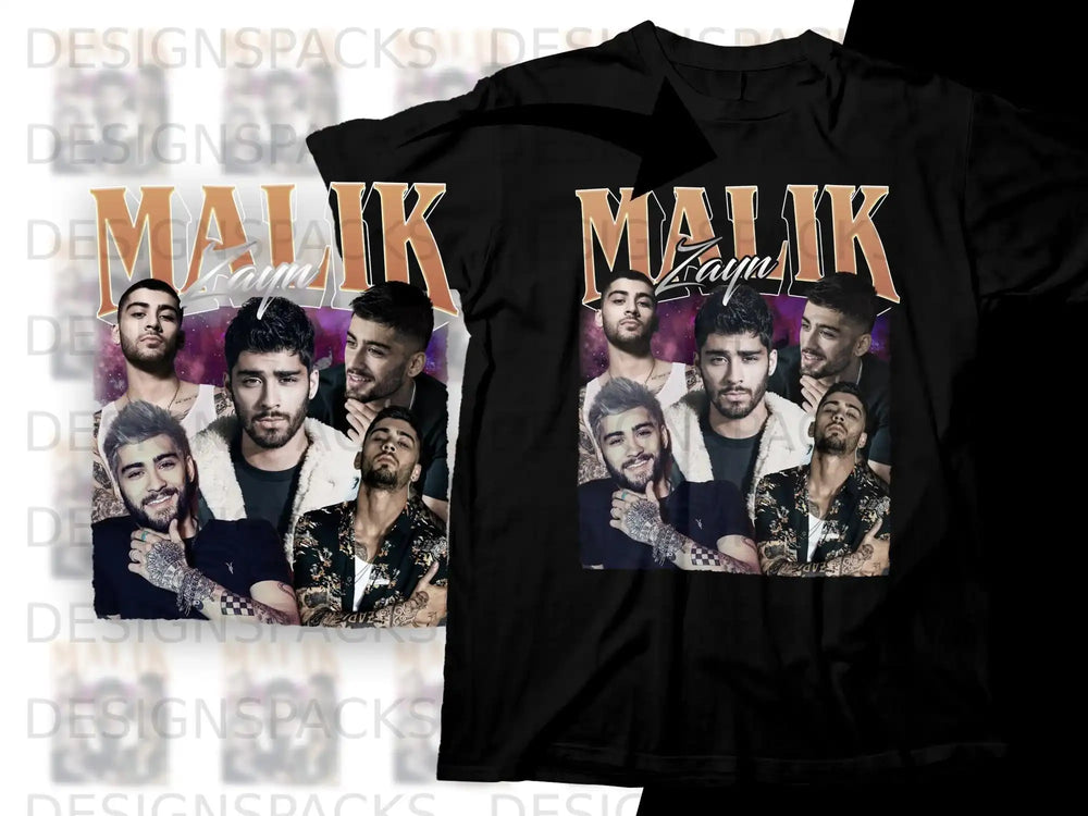Collage of Zayn Malik portraits on a black t-shirt.
