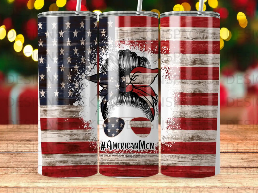 Tumbler with distressed American flag and "American Mom" text.