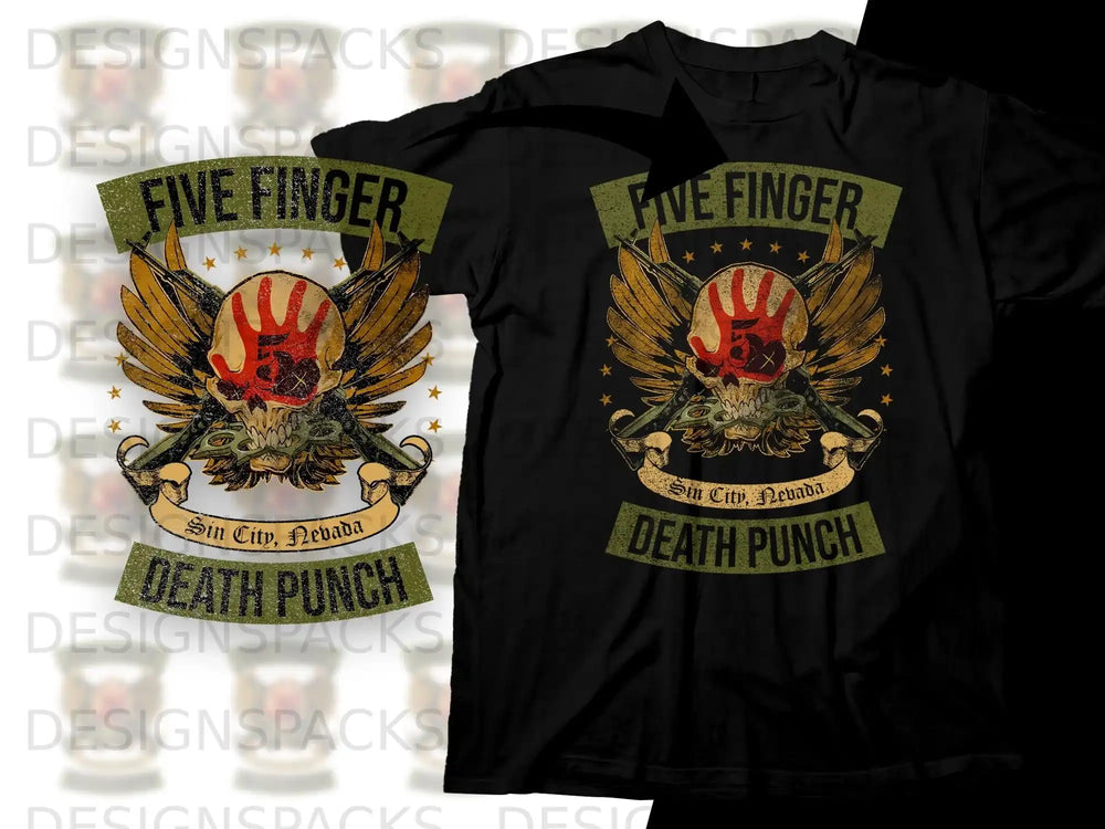 Five Finger Death Punch Sin City Nevada t-shirt graphic with skull and wings.