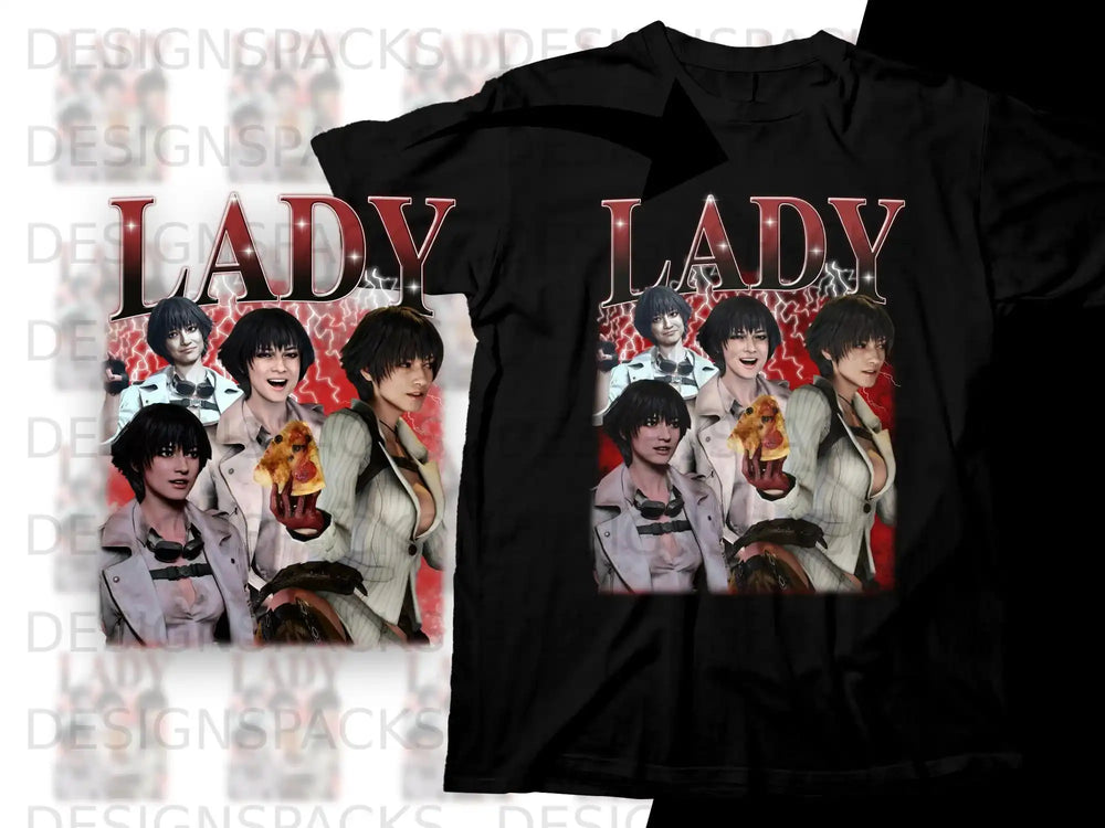 Black t-shirt featuring a collage of a woman holding pizza.