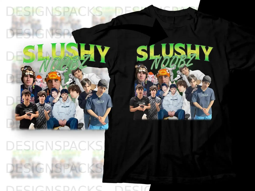 T-shirt featuring "Slushy Noobz" logo and group photo of young people.