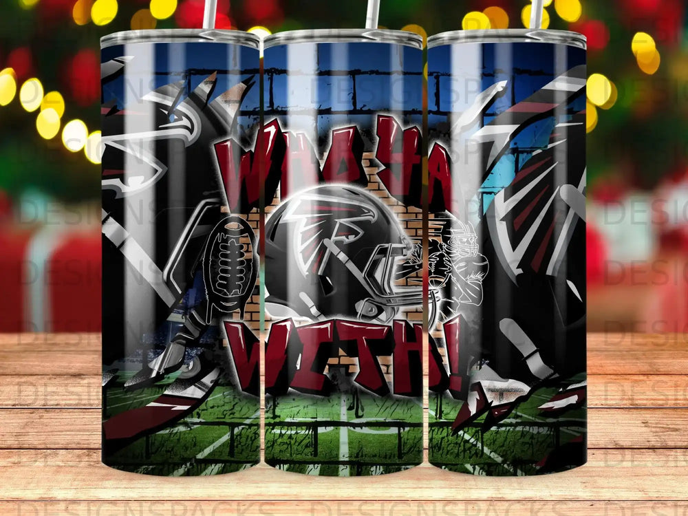 Atlanta Falcons football helmet with "WMU" text on a striped tumbler.