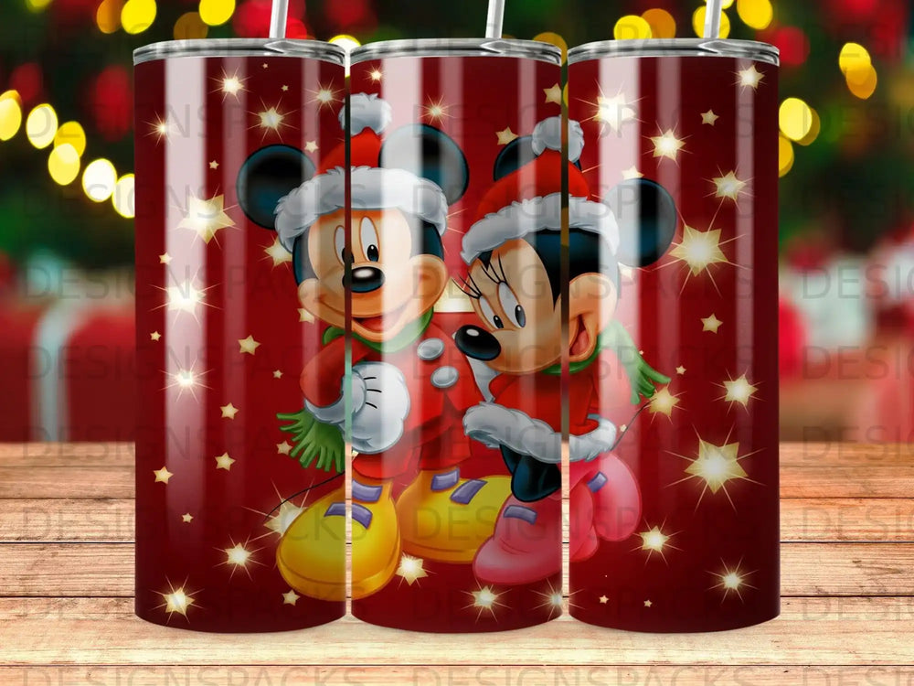 Mickey and Minnie Mouse in Santa hats and scarves on a red, star-patterned tumbler.