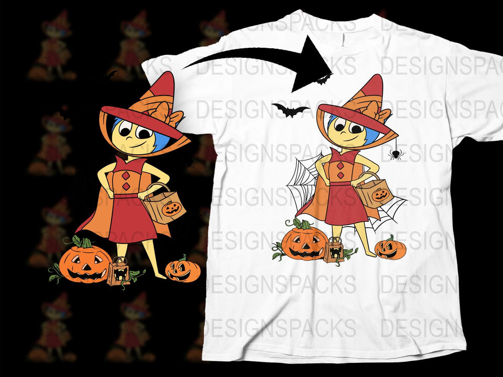 Cute Witch Girl Halloween T-Shirt, Cartoon Character Kids Costume Tee, Autumn Festive Apparel with Pumpkin Design