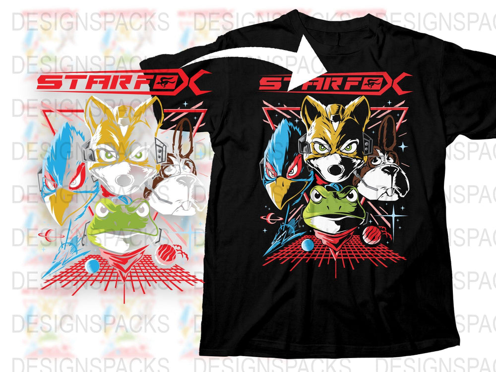 Star Fox Inspired Graphic T-Shirt, Classic Video Game Characters, Unisex Black Tee, Retro Gaming Apparel