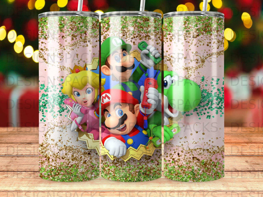 Mario characters with gaming controllers on a glittery pink background.