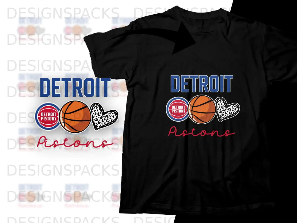 Detroit Pistons logo with basketball and heart on black t-shirt.