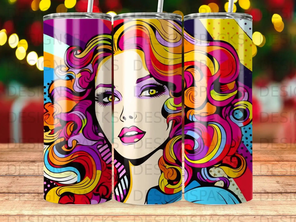 Tumbler with colorful abstract portrait of a woman's face.