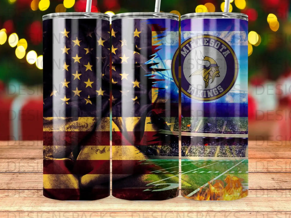 American flag and Minnesota Vikings tumbler with football field background.