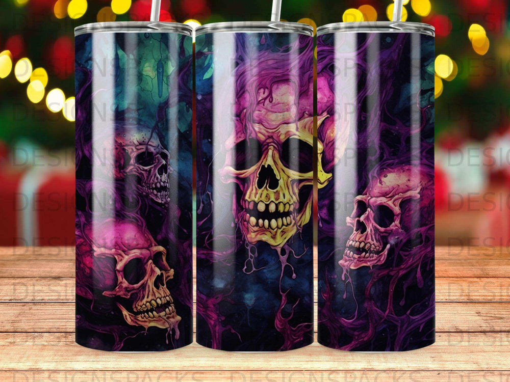 Three skulls with colorful, swirling abstract backgrounds.