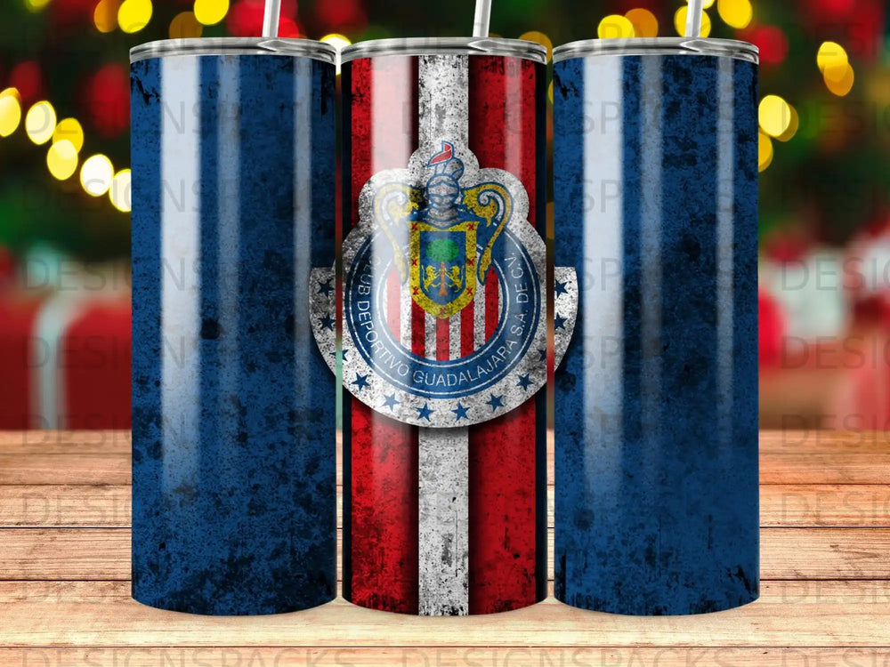 Chivas de Guadalajara logo on a distressed red, white, and blue striped tumbler.